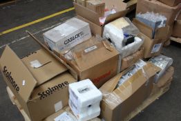 A pallet of assorted Legrand tools and equipment to include shelving brackets, fused connection