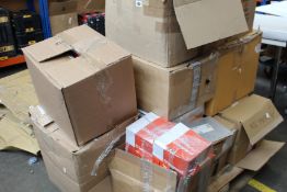 A pallet of assorted Legrand tools and equipment to include two way switches, switch frames, TV