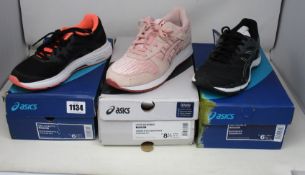 Three pairs of women's as new Asics trainers; Lyte Classic (UK 6.5), Gel-Exalt 5 (UK 4) and Gel-Zone