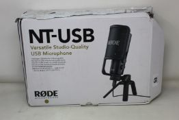 A Rode Microphones NT-USB versatile studio quality USB microphone (Box damaged).