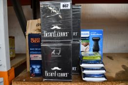 Ten No Hair Crew body hair removal creams for men (10 x 200ml), eight A & J Beard cover sets,