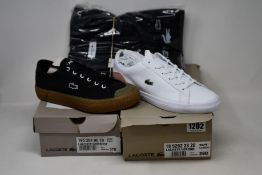 A pair of as new Lacoste Gripshot sneakers (UK 4), a pair of Lerond sneakers (UK 6) and two black