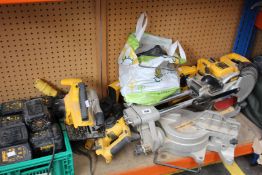 Five pre-owned DeWalt 24v tools to include cordless heavy duty sliding mitre saw (DW017), cordless