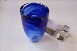 A boxed as new Kosta Boda Connect 2-piece candlestick set and a Kosta Boda contrast blue vase.