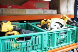 A quantity of pre-owned DeWalt tools to include mitre saw, cut out router, handheld vacuum,