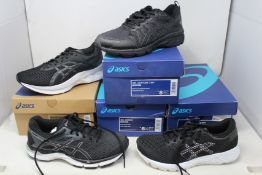 Four pairs of women's as new Asics trainers; Gel-Venture 7 WP (UK 6), Gel-Zone 6 (UK 4.5), Novablast