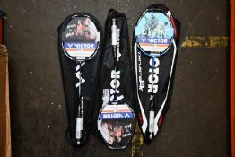 An as new Victor TK-Light Fighter 30 badminton racket and two as new Victor Auraspeed 11B