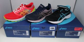 Three pairs of women's as new Asics trainers; Roadhawk FF 2 (UK 6), Gel-Cumulus 23 (UK 5) and Gel-