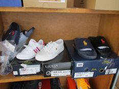 As new Ralph Lauren footwear; two pairs of Clayson slides (UK 10, 12), a pair of Carryover slides (