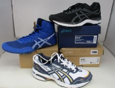 Three pairs of men's as new Asics trainers; Gel-1090 (UK 7.5), Matcontrol 2 (UK 8) and Gel-Zone 7 (