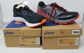 Two pairs of men's as new Asics trainers; Gel-Trabuco Terra (UK 10) and Gel-Cumulus 23 (UK 8).