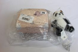 Seven as new Steiff plush toys to include panda, lamb and teddybear.