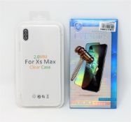 A box of as new transparent phone cases and screen protectors for assorted models including