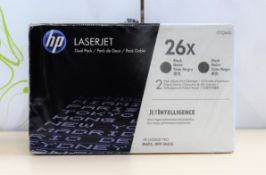 A boxed as new HP CF226X 26X High Yield LaserJet Black Toner Cartridge Twin Pack (Some damage to
