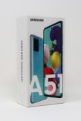 A boxed as new Samsung Galaxy A51 SM-A515F/DSN 128GB in Prism Crush Blue (Box sealed. 2-pin plug