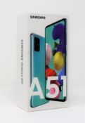 A boxed as new Samsung Galaxy A51 SM-A515F/DSN 128GB in Prism Crush Blue (Box sealed. 2-pin plug