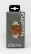 A boxed as new Garmin Vivomove 3s Hybrid Smartwatch in Rose Gold/ Sand (M/N: 010-02238-02).