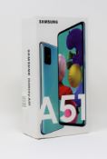 A boxed as new Samsung Galaxy A51 SM-A515F/DSN 128GB in Prism Crush Blue (Box opened. 2-pin plug