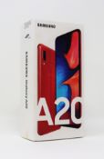 A boxed as new Samsung Galaxy A20 32GB 3GB SM-A205F/DS in Red (Box sealed. Two pin plug).