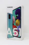 A boxed as new Samsung Galaxy A51 SM-A515F/DSN 128GB in Prism Crush Blue (Box sealed. 2-pin plug