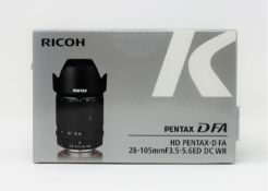 A boxed as new Pentax HD PENTAX-D FA 28-105mm f/3.5-5.6 ED DC WR Lens (Box sealed).