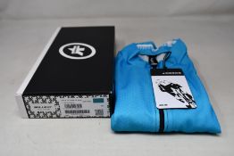 An as new Assos Mille GT C2 Shifter short sleeve cycling jersey in hydro blue (M).