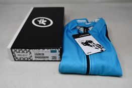 An as new Assos Mille GT C2 Shifter short sleeve cycling jersey in hydro blue (L).