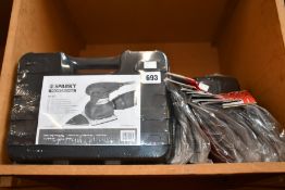 Five boxes of as new Sparky professional sanders (MP251) and ten packs of Sparky sanding papers.