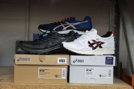 Three pairs of men's as new Asics trainers; Gel-Lye V (UK 8.5), Gel-Zone 6 (UK 11) and Trail Scout 2