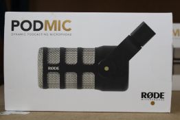 A boxed as new RODE PodMic (Dynamic Podcasting Microphone).