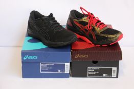 Two pairs of women's as new Asics trainers; Gel-Cumulus 22 (UK 7) and Gel-Nimbus 21 (UK 6.5).