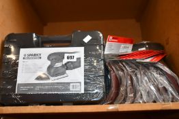Five boxes of as new Sparky professional sanders (MP251) and ten packs of Sparky sanding papers.