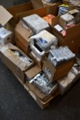 A pallet of assorted Legrand tools and equipment to include shelving brackets, fused connection
