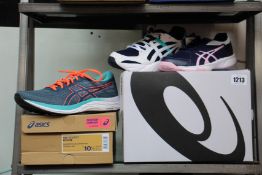 Four pairs of women's as new Asics trainers; Gen-BND (UK 5.5), Gel-Excite 7 (UK 8.5) and two pairs