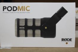 A boxed as new RODE PodMic (Dynamic Podcasting Microphone).