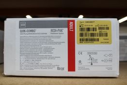 One box of ten Physio Control Quick-Combo, Red-Pak Adult ECG Pacing/Defibrillation/ECG Electrodes.