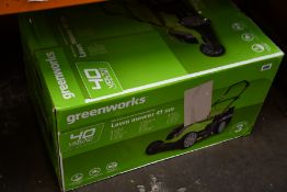 A Greenworks G40LM41 40 Volt Battery Powered Lawnmower.