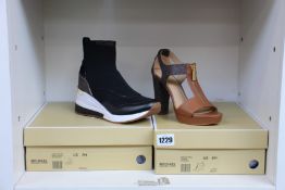 Two pairs of women's as new Michael Kors footwear; Berkley sandal (US 6M) and Swift bootie (US 7M).