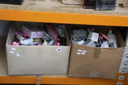 Two boxes of assorted as new beauty items, hair colourings and related items.