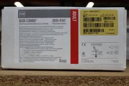 One box of ten Physio Control Quick-Combo, Red-Pak Adult ECG Pacing/Defibrillation/ECG Electrodes.