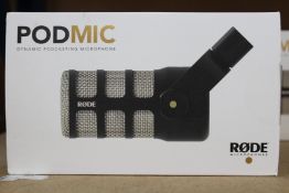 A boxed as new RODE PodMic (Dynamic Podcasting Microphone).