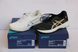 Two pairs of women's as new Asics trainers; Gel-Exalt 5 (UK 6.5) and Solution Speed FF (UK 5).