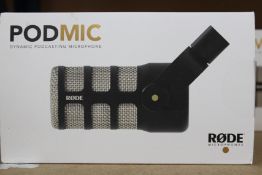 A boxed as new RODE PodMic (Dynamic Podcasting Microphone).