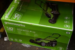 A Greenworks G40LM41 40 Volt Battery Powered Lawnmower.