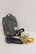 A quantity of climbing equipment to include: A Skylotec Ignite Proton Wind steel harness, a Nano-Lok