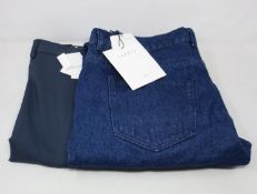 A pair of as new Sandro slim fit deep blue jeans (Size 32) and formal trousers in petrol (Size 42).
