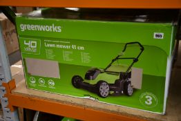 A Greenworks G40LM41 40 Volt Battery Powered Lawnmower.
