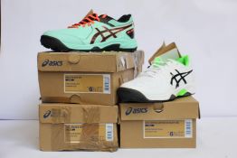 Three pairs of children's as new Asics trainers; Gel-Resolution 8 Clay GS (UK 5.5) and two pairs