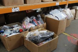 Eight boxes of miscellaneous items to include clothing, hardware and toiletries.