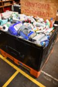 A large pallet/crate of as new and pre-owned cleaning products and related items.